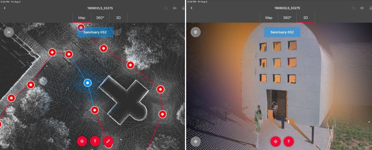 Lidar design scan map of UT Austin Art Museum (left) and Sanctuary 052 of UT Austin Art Museum (right)